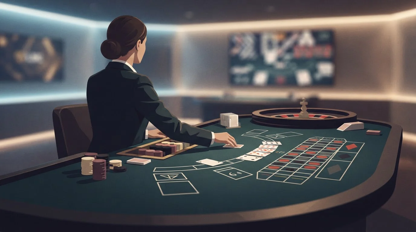 Redaktionelle Illustration eines neutralen Live-Casino-Tisches ohne Markenlogo oder Spieloberfläche